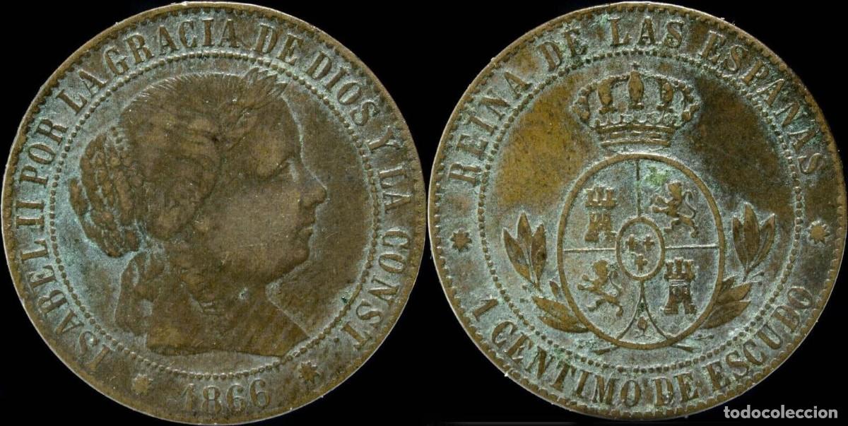 Monedas de Espa&ntilde;a: 1866, 1 Centimos de Escudo Isabel II, Barcelona Mint (sin OM) - 18 mm / 2.48 gr.