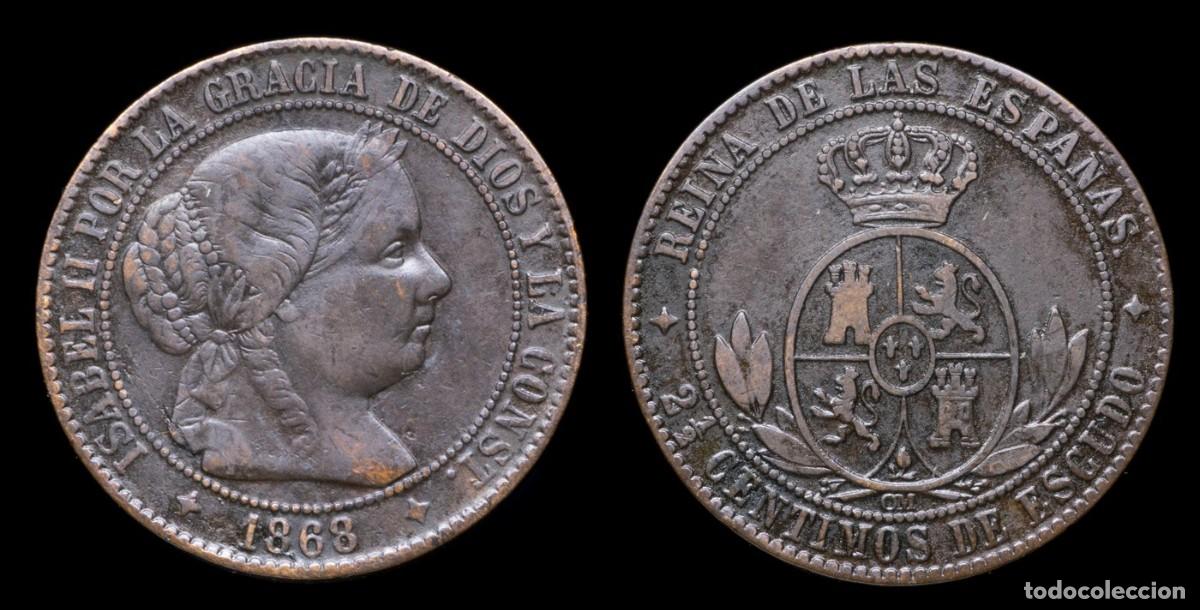 Monedas de Espa&ntilde;a: 1868, 2 Centimos y 1/2 Isabel II, Jubia Mint - 25 mm / 6,17 gr.