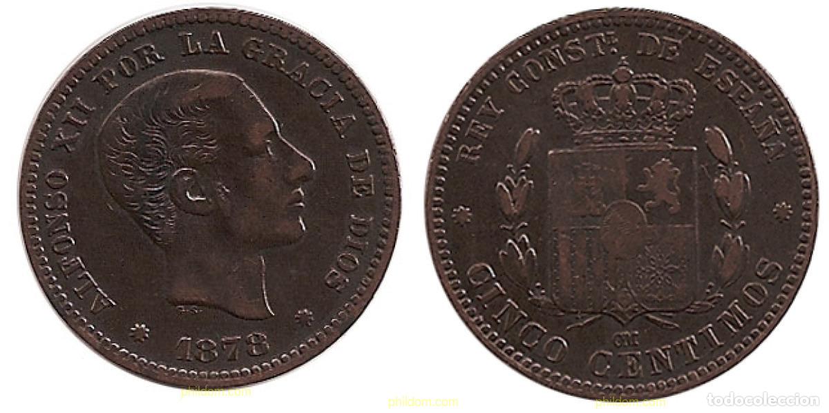 Monete da Spagna: 757 ESPA&Ntilde;A 1878 5 centimos Alfonso XII 1878 Barcelona OM