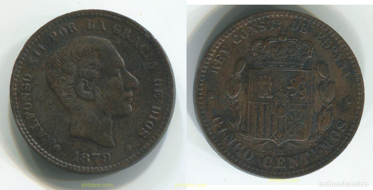 Coins of Spain: 810 ESPA&Ntilde;A 1879 ALFONSO XII 5 CENTAVOS 1879 BARCELONA