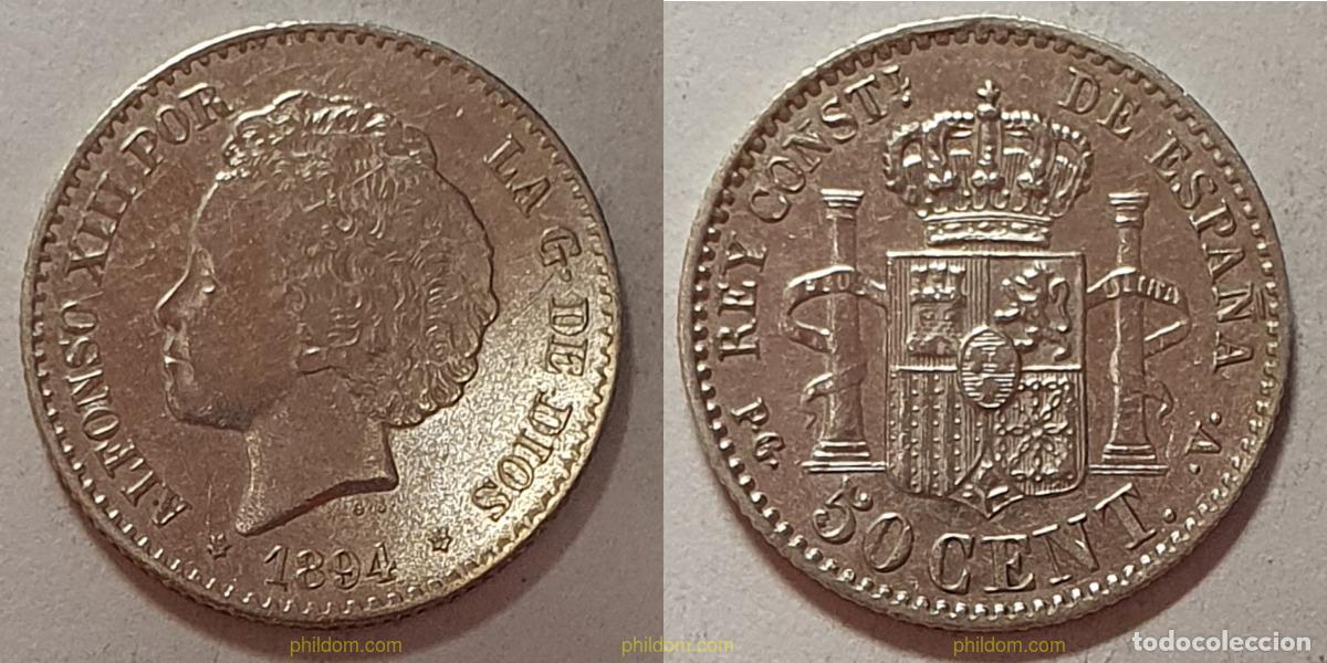 Coins of Spain: 760 ESPA&Ntilde;A 1894 50 CENTIMOS Alfonso XIII 1894 *9-4 PG V