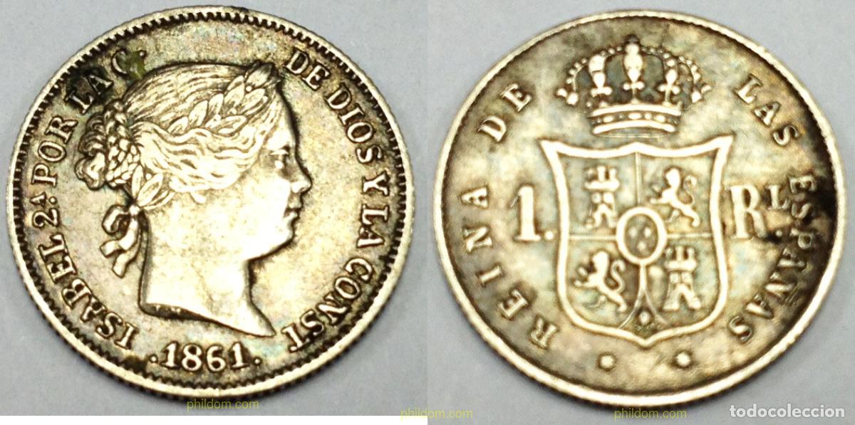 Moedas de Espanha: 1190 ESPA&Ntilde;A 1861 ISABEL II 1861 BARCELONA 1 REAL