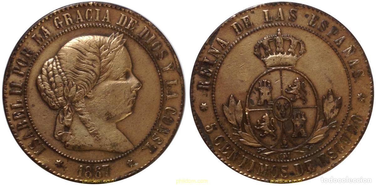 Moedas de Espanha: 1400 ESPA&Ntilde;A 1867 ISABEL II 1867 - 5 CENTIMOS DE ESCUDO SEVILLA