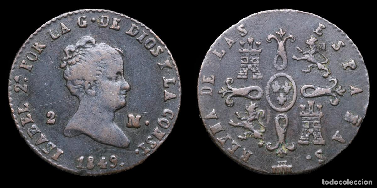 Monnaies d'Espagne: 1849, 2 Maravedis Isabella II, Segovia Mint - 18 mm / 2,07 gr.Head of Queen Isabel II facing right C