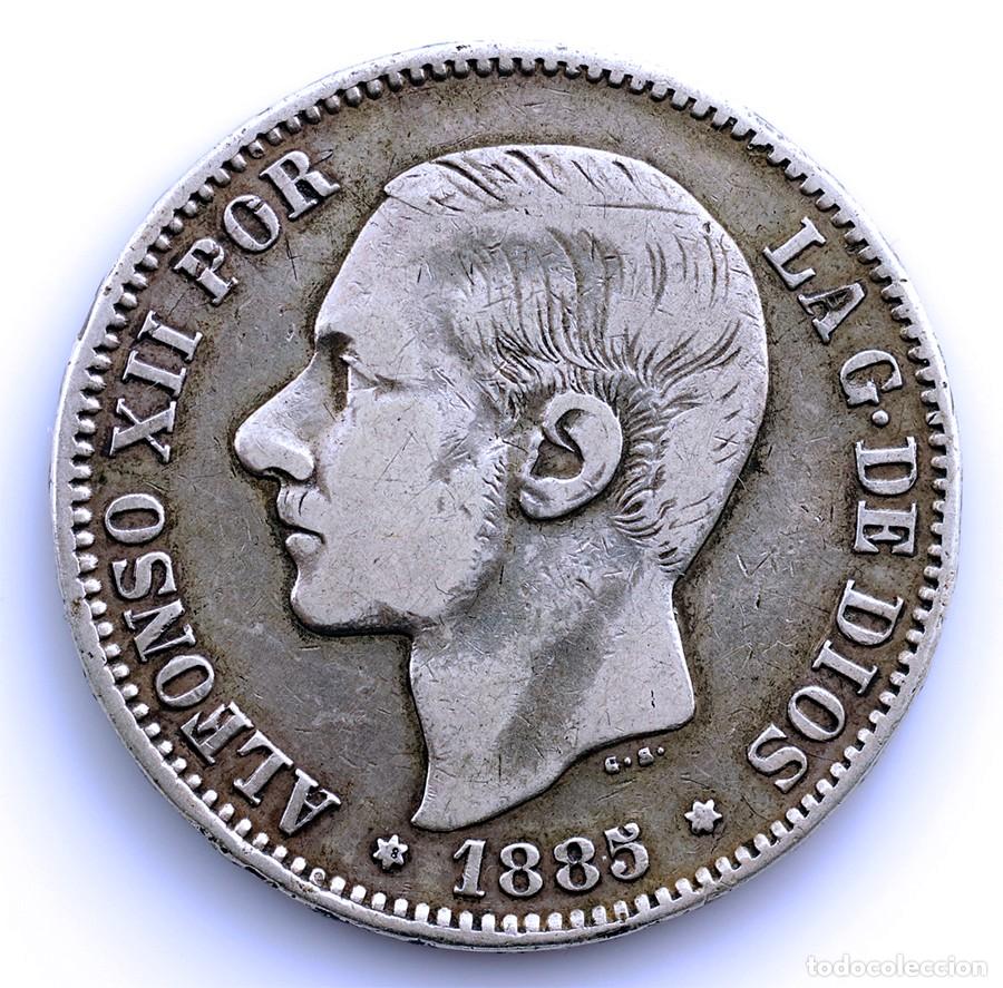 Monedas de Espa&ntilde;a: SC-Falsa de &eacute;poca &rdquo;Duro Sevillano&rdquo; Alfonso XII. 5 Peseta 1885 PGL Madrid Plata 24,61 g
