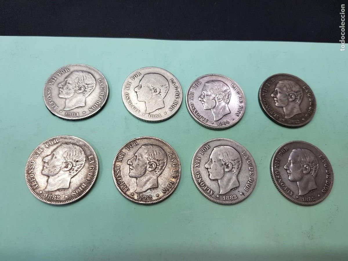 M&uuml;nzen von Spanien: LOTE DE 8 MONEDAS DE ALFONSO XII-2 PESETAS-A&Ntilde;OS 1881-1882