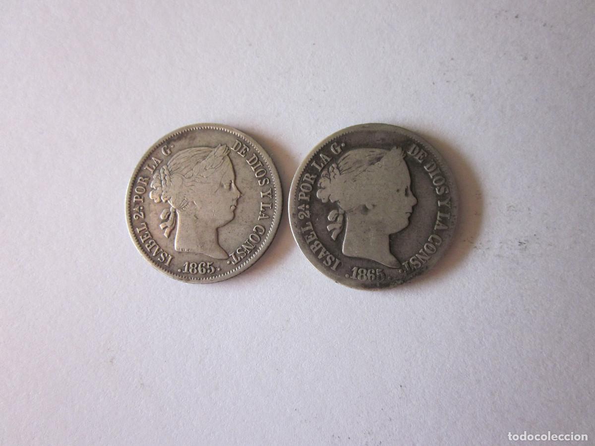 Monedas de Espa&ntilde;a: 20 Centavos Peso y 40 C&eacute;ntimos Escudo. Isabel II. 1865. Plata.