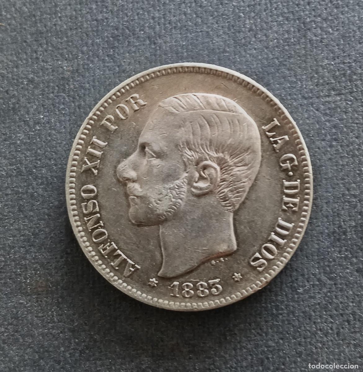 Monedas de Espa&ntilde;a: ALFONSO XII. 5 PESETAS MADRID 1883 (18-83) MSM. PLATA. RESTOS BRILLO ORIGINAL. MUY BONITA