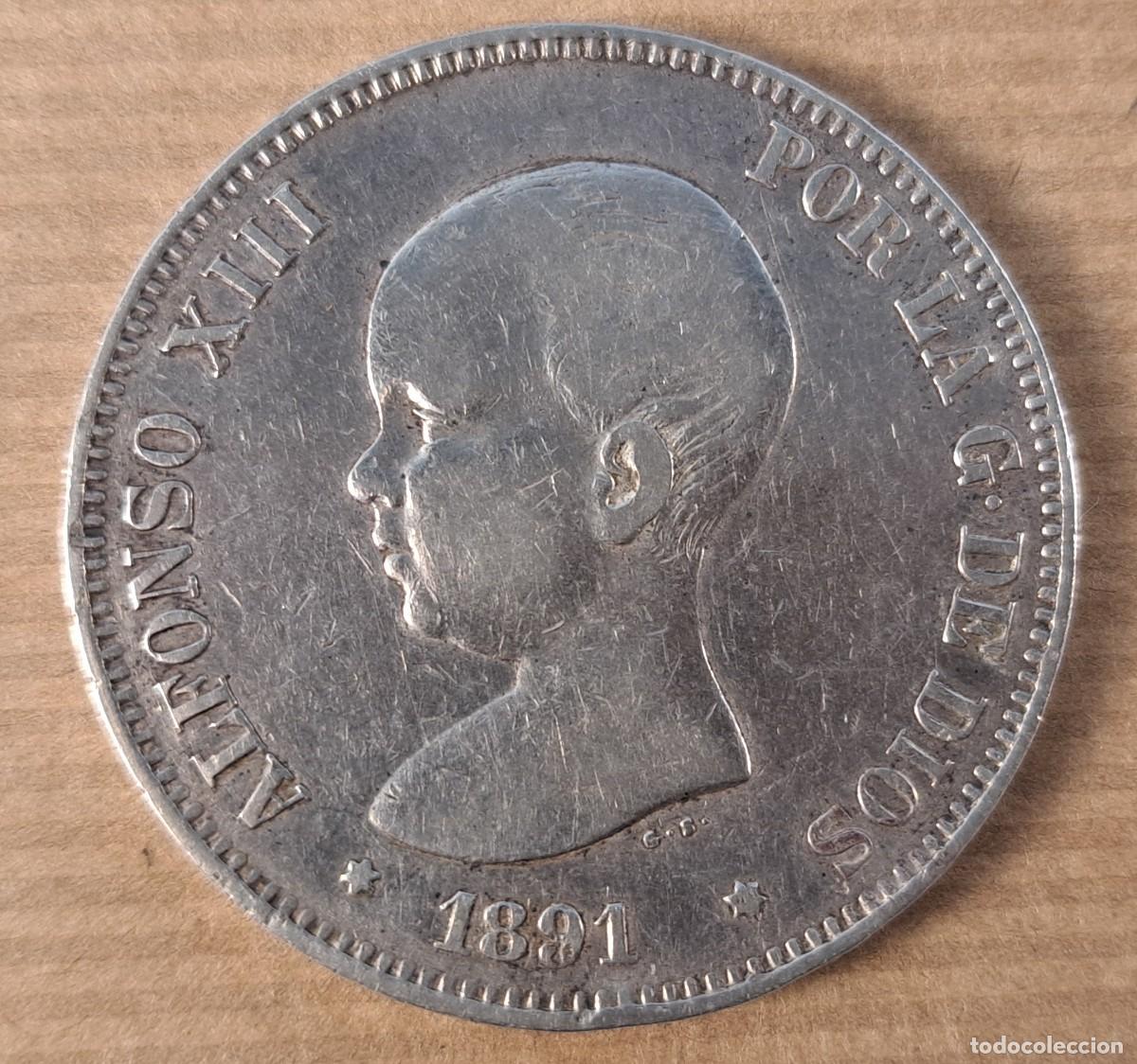 Monedas de Espa&ntilde;a: Moneda de 5 pesetas en plata, Espa&ntilde;a 1891 * 91, Alfonso XIII