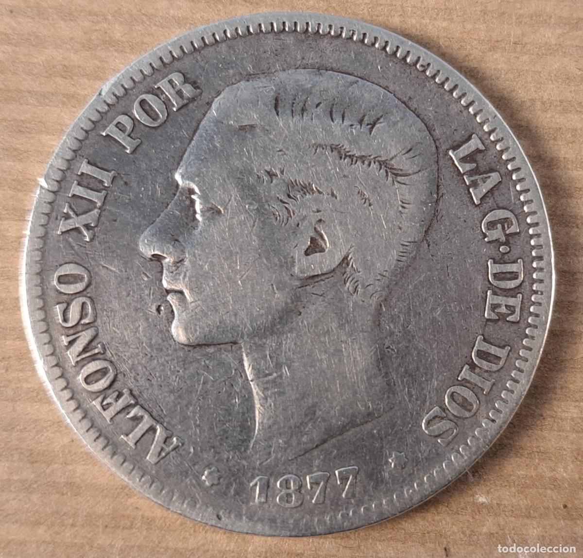 Monedas de Espa&ntilde;a: Moneda de 5 pesetas en plata, Espa&ntilde;a 1877, DE M Alfonso XII