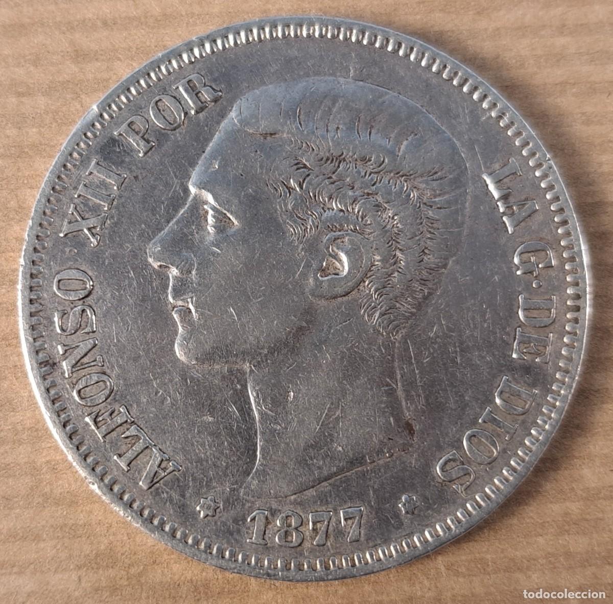 Monedas de Espa&ntilde;a: Moneda de 5 pesetas en plata, Espa&ntilde;a 1877, DE M Alfonso XII