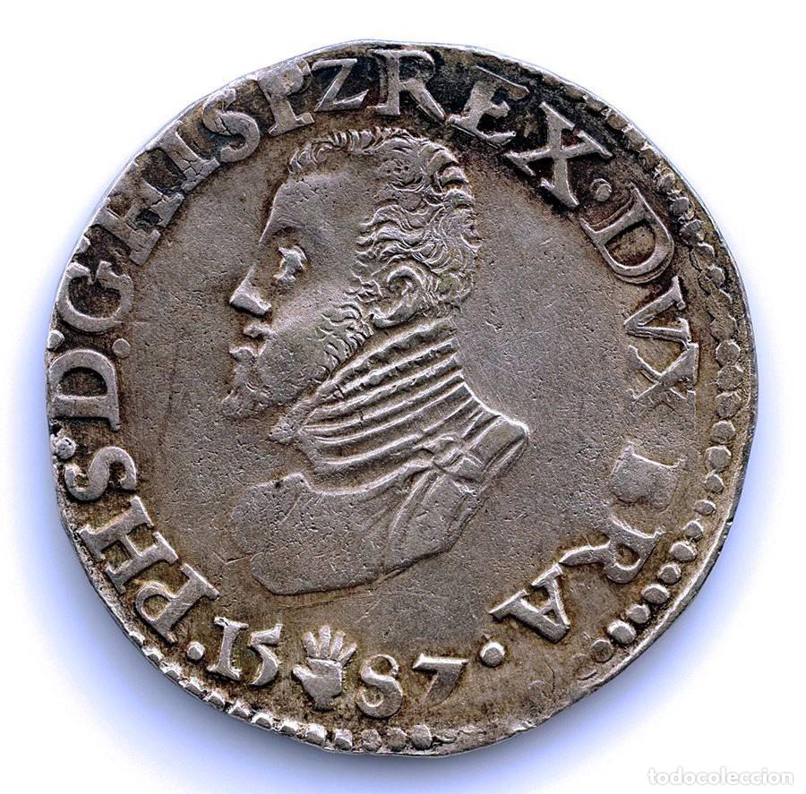 Monedas de Espa&ntilde;a: SC-Spain. Felipe II. 1/2 Escudo 1587 Amberes. MBC+/VF+ Plata 17,04 g. ESCASA