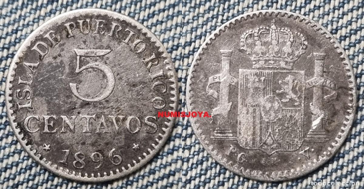 Monedas de Espa&ntilde;a: Espa&ntilde;a ALFONSO XIII 5 centavos plata 1896 Puerto Rico. Peso 1,26 gr. 16 mm. ESCASA.