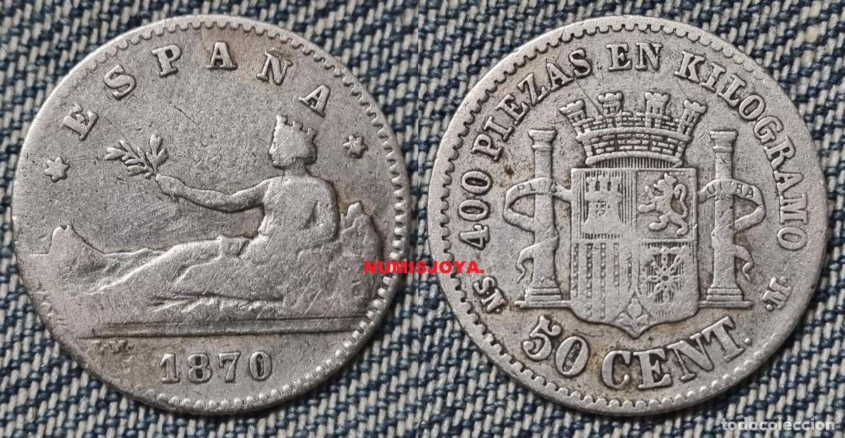 Moedas de Espanha: ESPA&Ntilde;A 1&ordf; Rep&uacute;blica 50 C&eacute;ntimos Plata a&ntilde;o 1870. Peso 2,44 gr. FECHA ESCASA.