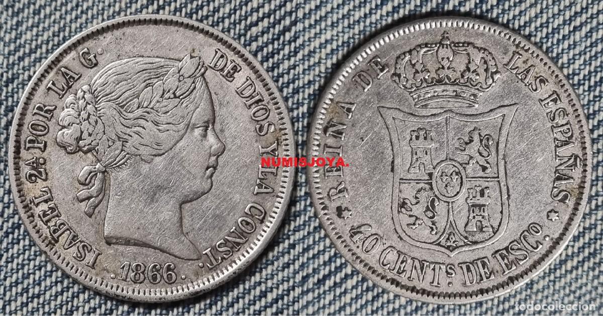 Monedas de Espa&ntilde;a: Isabel II a&ntilde;o 1866. 40 C&eacute;ntimos Escudo Plata de Madrid. Peso 5,13 gr. 23 mm.