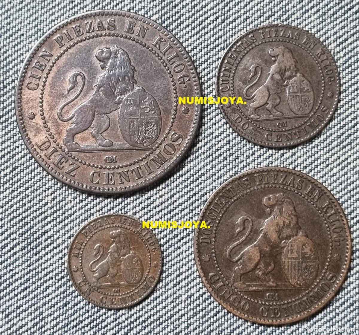 Monedas de Espa&ntilde;a: Lote de 4 monedas cobre de 1, 2, 5, 10 c&eacute;ntimos a&ntilde;o 1870, serie completa MUY ACEPTABLES.
