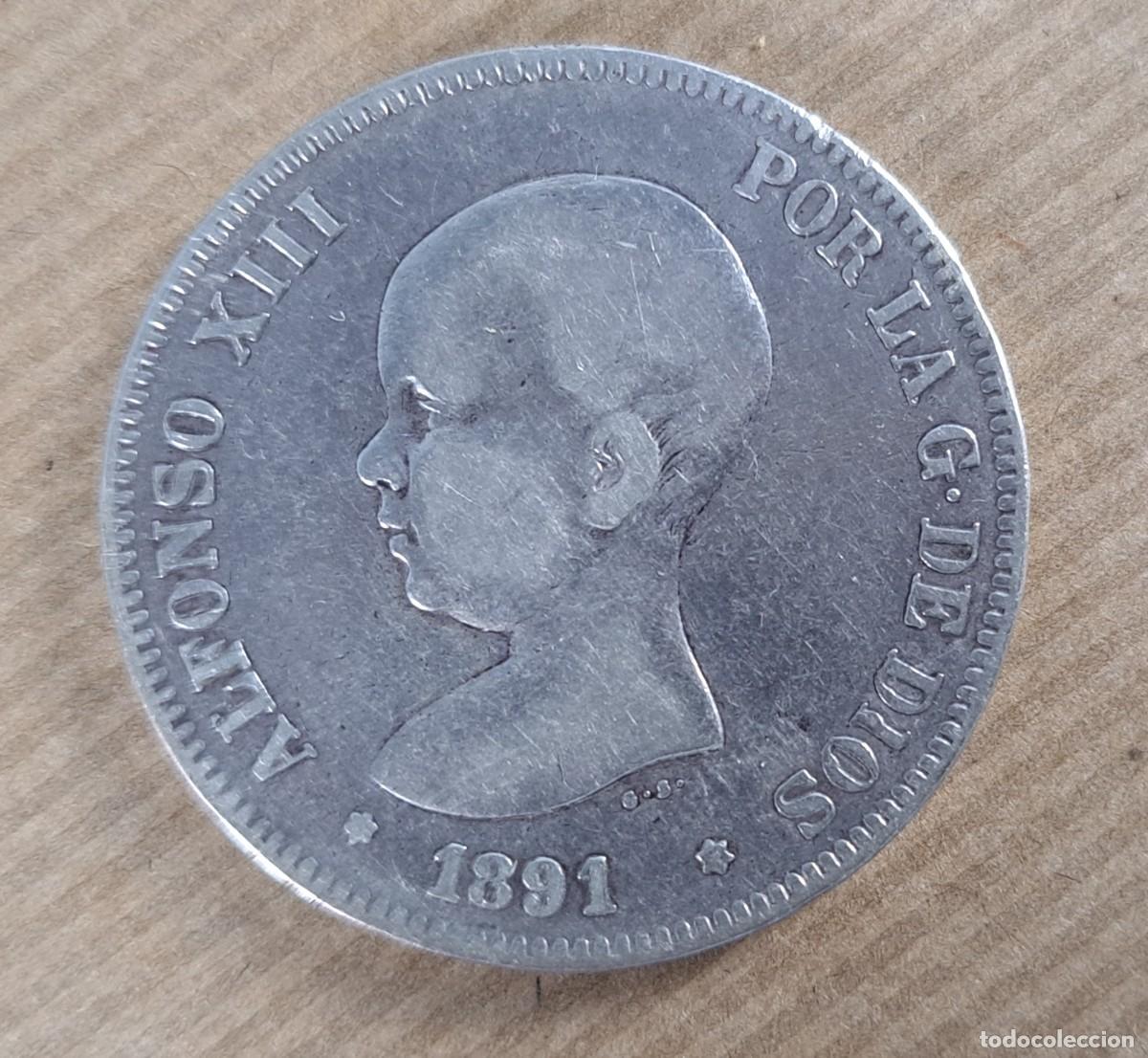 Monedas de Espa&ntilde;a: Moneda de 5 pesetas en plata, Espa&ntilde;a 1891 *91, Alfonso XIII