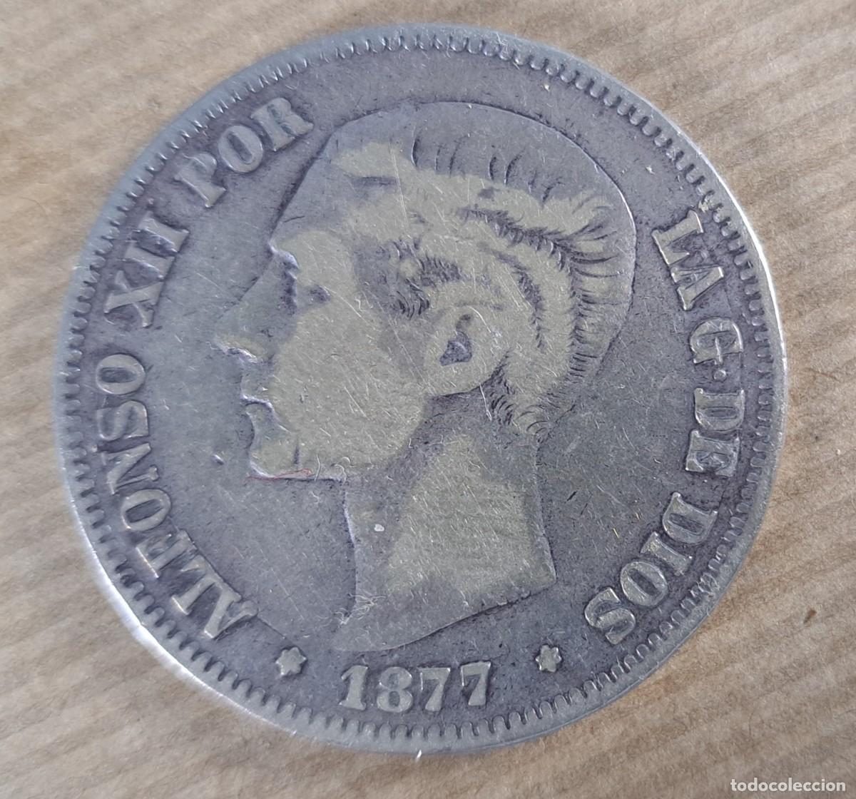 Monedas de Espa&ntilde;a: Moneda de 5 pesetas en plata, Espa&ntilde;a 1877, DE M Alfonso XII
