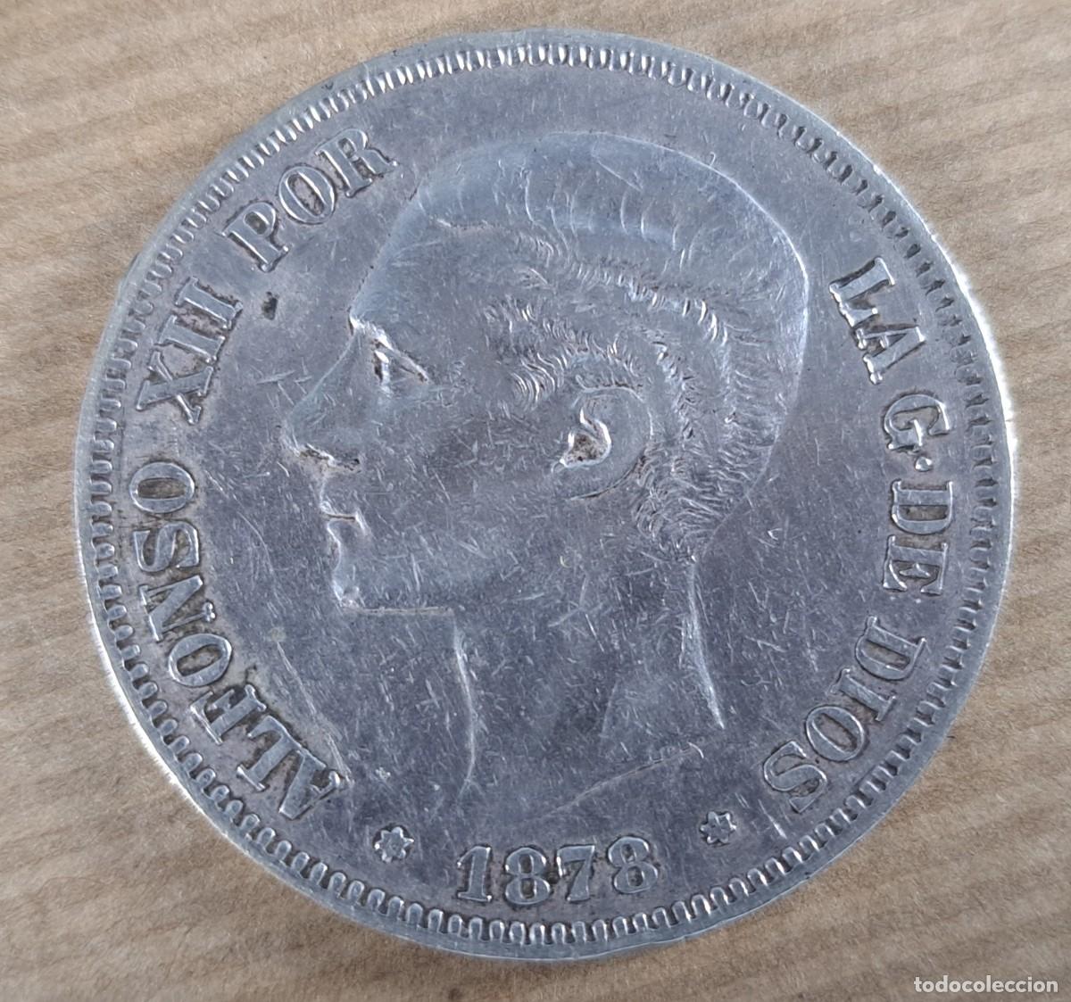 Monedas de Espa&ntilde;a: Moneda de 5 pesetas en plata, Espa&ntilde;a 1878, * 78 DE M Alfonso XII