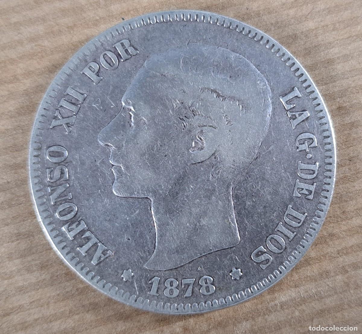 Monedas de Espa&ntilde;a: Moneda de 5 pesetas en plata, Espa&ntilde;a 1878, DE M Alfonso XII