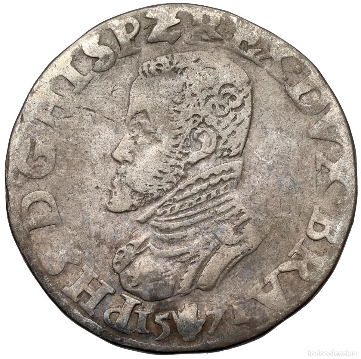 Coins of Spain: SC-Spain. Felipe II. 1/2 Escudo 1571 Amberes. Plata 15,86 g. ESCASA