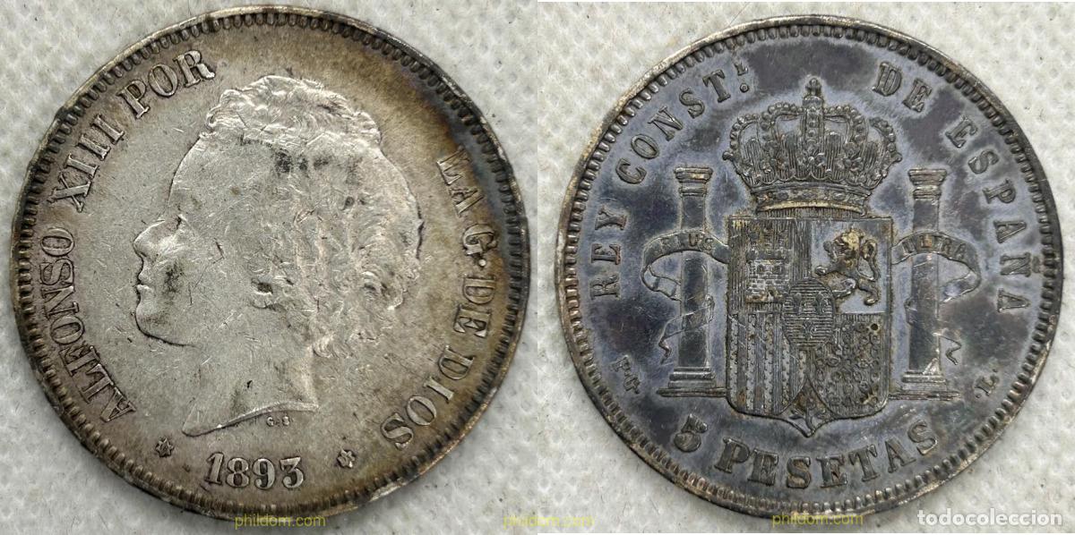 Monedas de Espa&ntilde;a: 5024 ESPA&Ntilde;A 1893 5 PESETAS ALFONSO XIII 1893 18-93 PG L