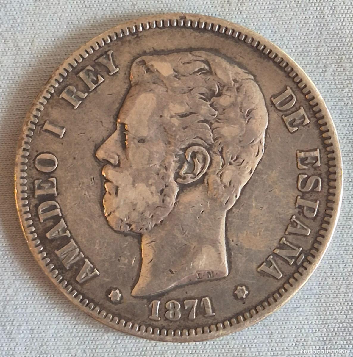Monedas de Espa&ntilde;a: Moneda de plata 5 pesetas a&ntilde;o 1871 estrella 75 de Amadeo I