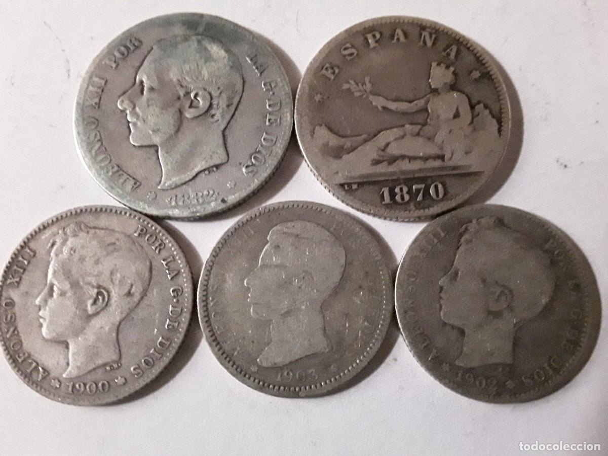 Monedas de Espa&ntilde;a: ESPA&Ntilde;A - LOTE 5 MONEDAS DE PLATA 1 Y 2 PESETAS DIFERENTES.