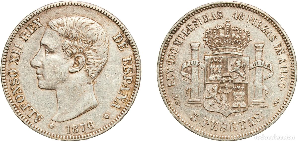 Monedas de Espa&ntilde;a: Spain Kingdom 1876 18-76 DEM 5 Pesetas - Alfonso XII (1st portrait;legend in edge) Silver (.900) M