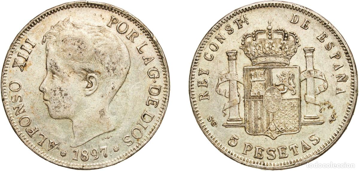 Monedas de Espa&ntilde;a: Spain Kingdom 1897 18-97 SGV 5 Pesetas - Alfonso XIII (Contemporary counterfeit from Seville) Silv