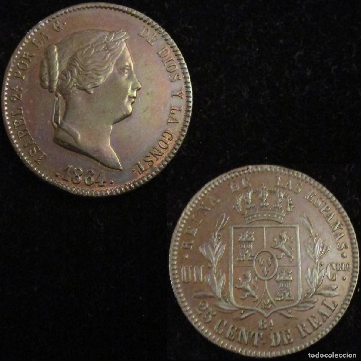 Monedas de Espa&ntilde;a: *GUTSE*815-ISABEL II, 25 CENTIMOS DE REAL 1864, BARCELONA, CASI SIN CIRCULAR.