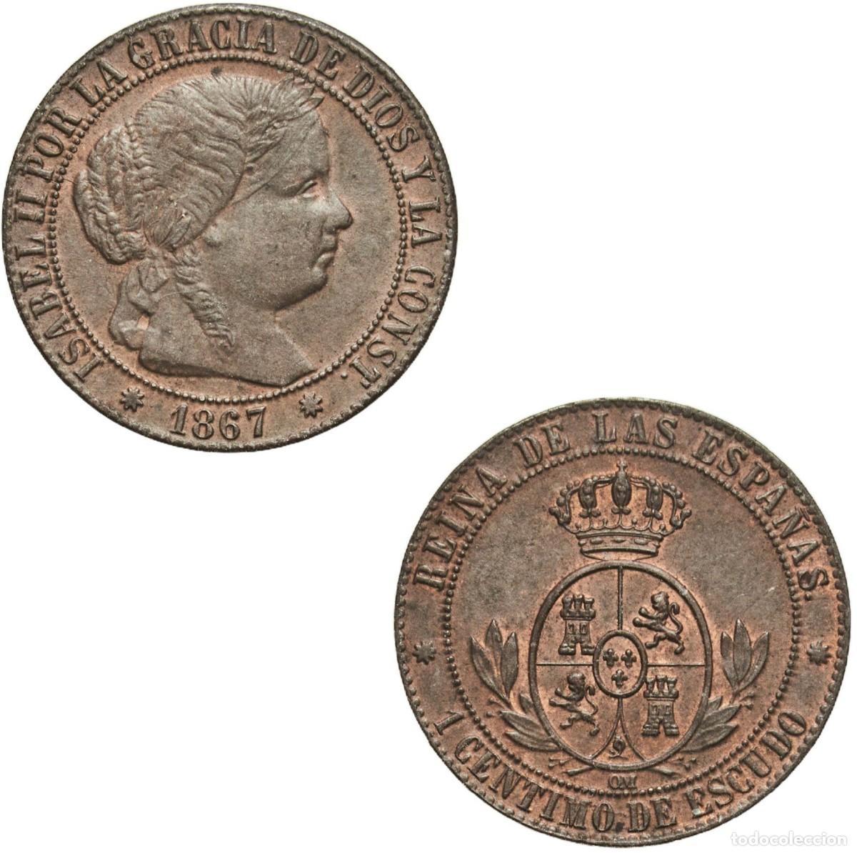 Monedas de Espa&ntilde;a: *GUTSE*794-ISABEL II, 1 C&Eacute;NTIMO DE ESCUDO 1867, BARCELONA OM, CASI SIN CIRCULAR.