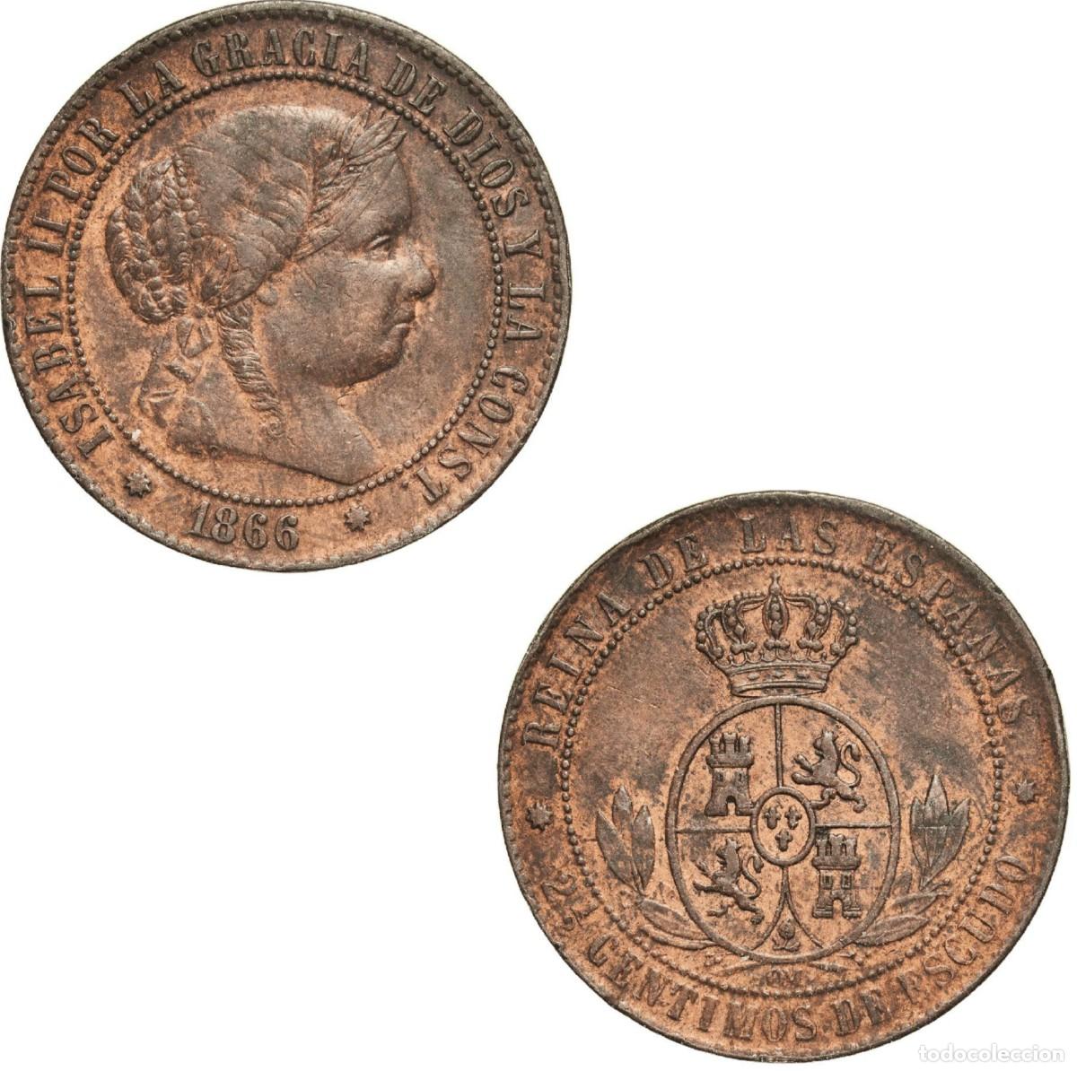 Monedas de Espa&ntilde;a: *GUTSE*797-ISABEL II, 2 1/2 C&Eacute;NTIMOS DE ESCUDO 1866, BARCELONA OM, EBC.