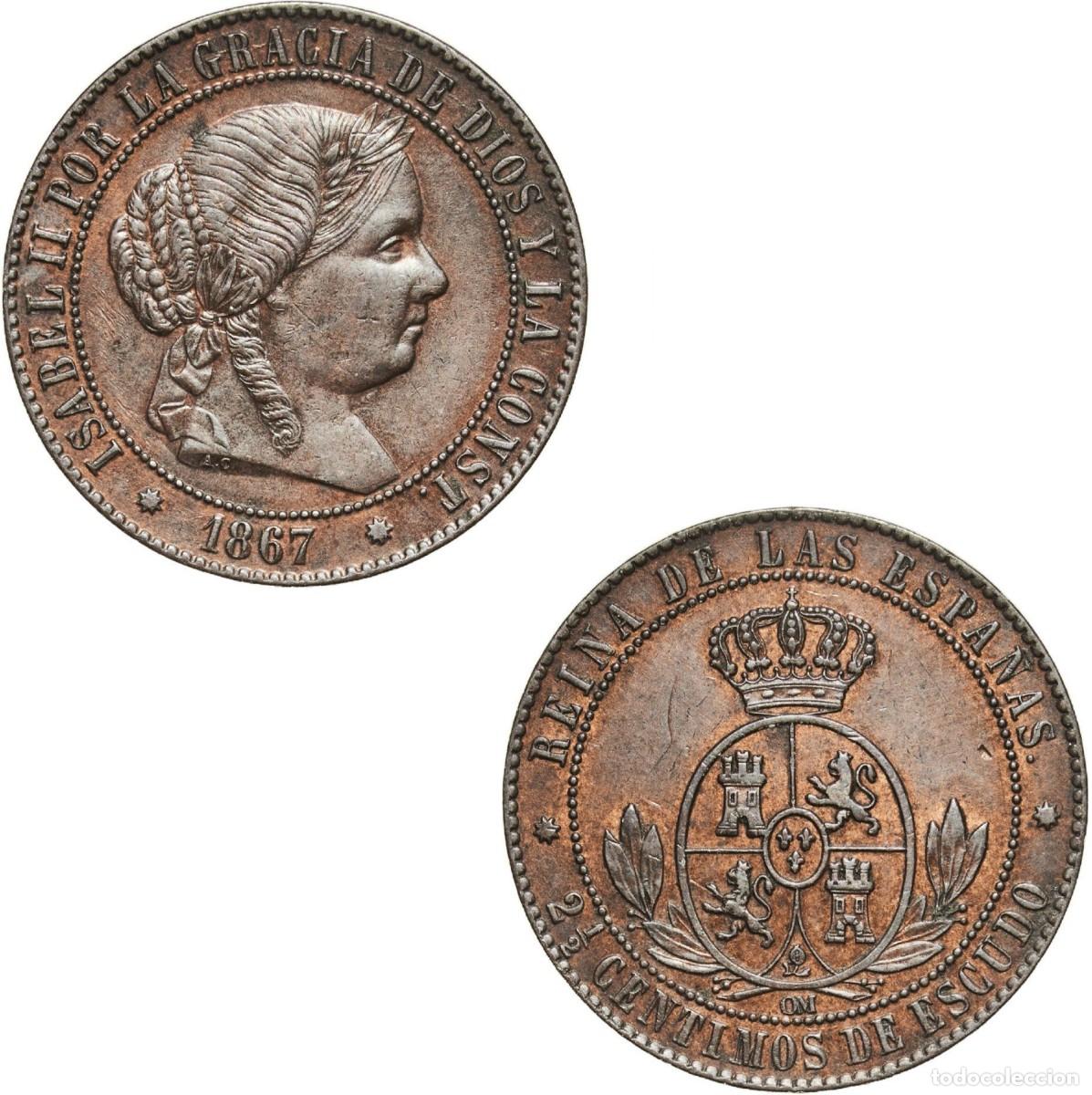 Monedas de Espa&ntilde;a: *GUTSE*799-ISABEL II, 2 1/2 C&Eacute;NTIMOS DE ESCUDO 1867, BARCELONA OM, EBC.