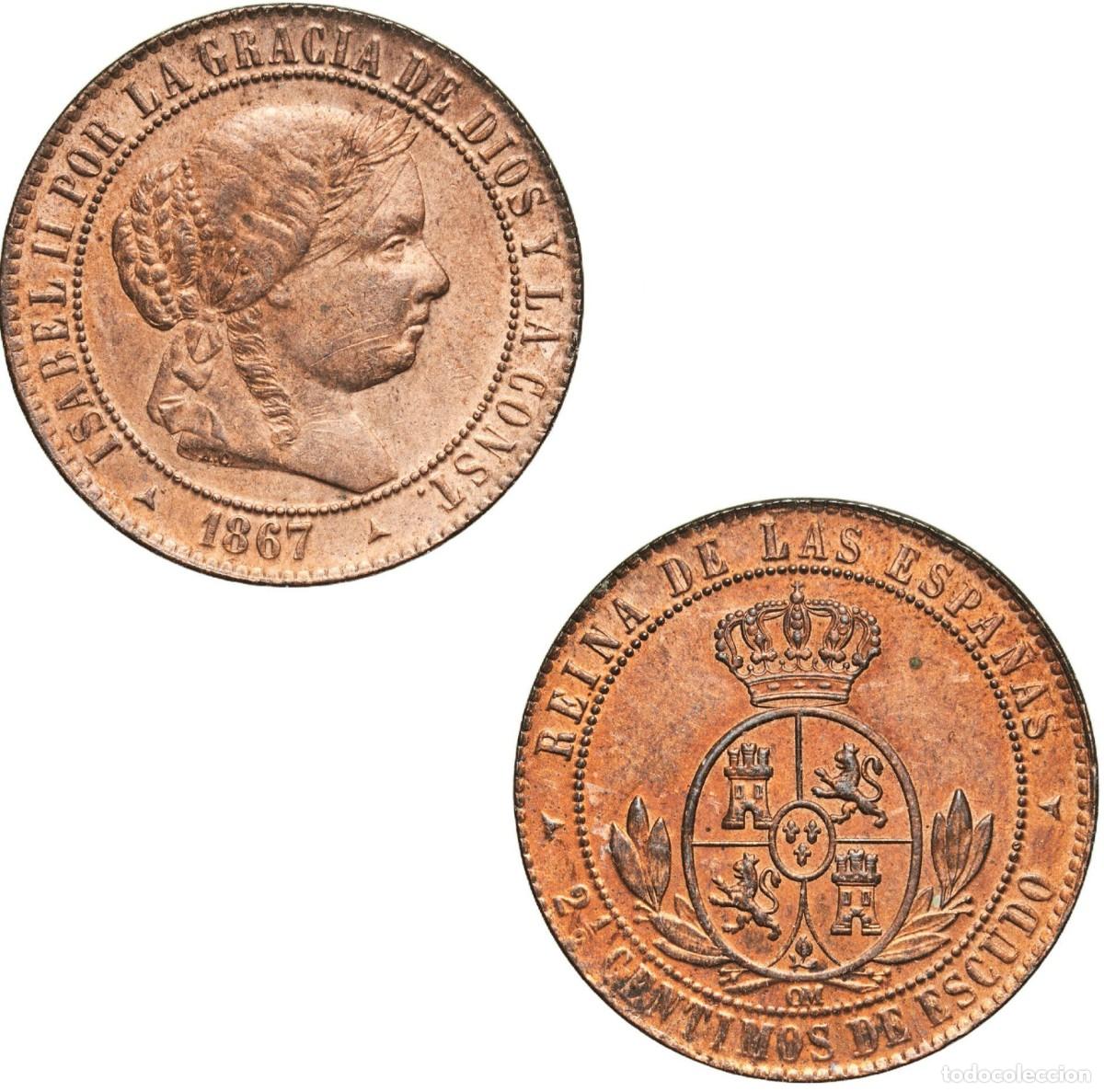 Monedas de Espa&ntilde;a: *GUTSE*800-ISABEL II, 2 1/2 C&Eacute;NTIMOS DE ESCUDO 1867, SEGOVIA OM, EBC+.