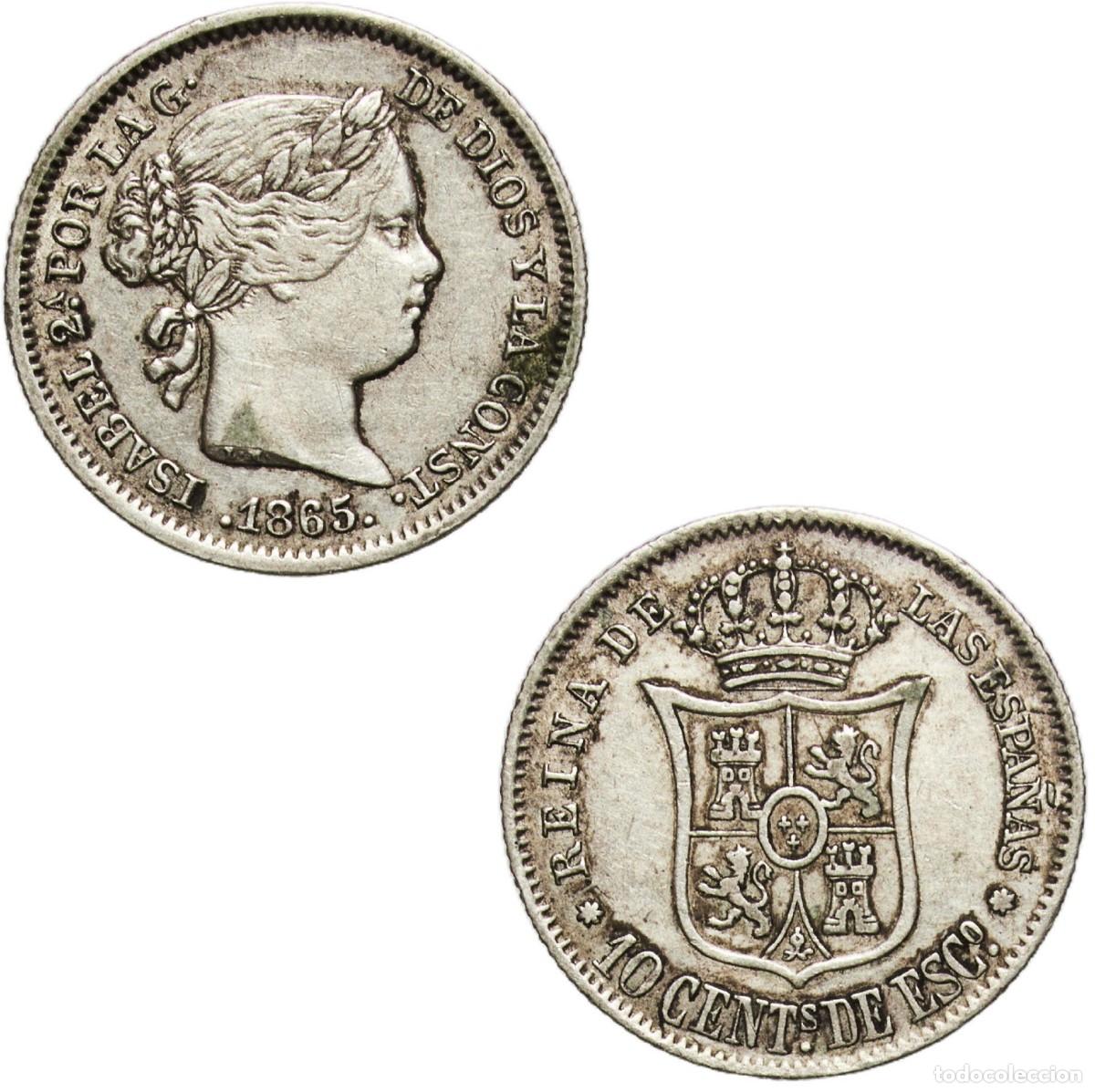 Monedas de Espa&ntilde;a: *GUTSE*805-ISABEL II, 10 C&Eacute;NTIMOS DE ESCUDO 1865, SEVILLA, PLATA, MBC+.
