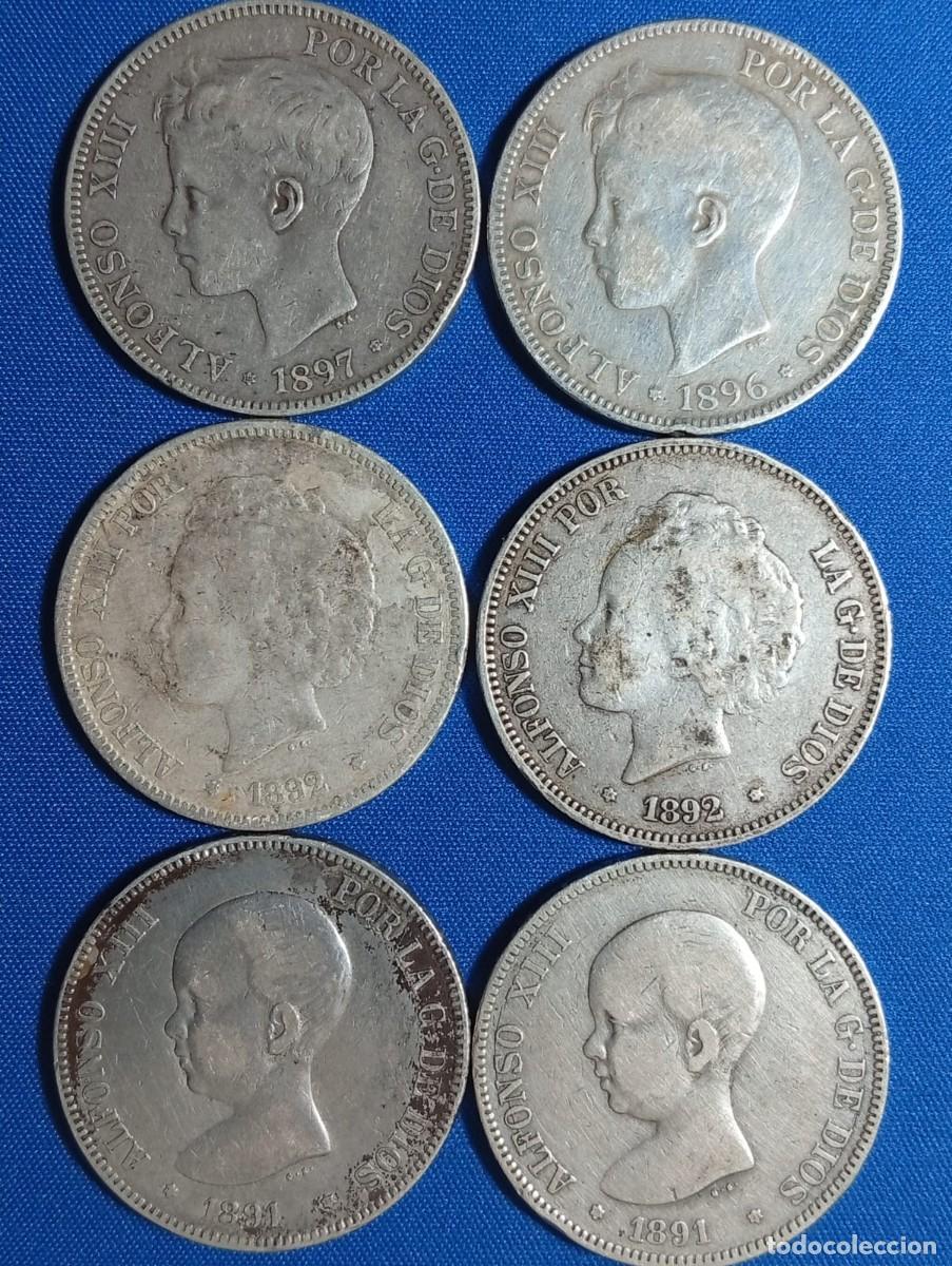 Monedas de Espa&ntilde;a: Lote de 6 monedas de plata 5 pts (duros) Alfonso XIII