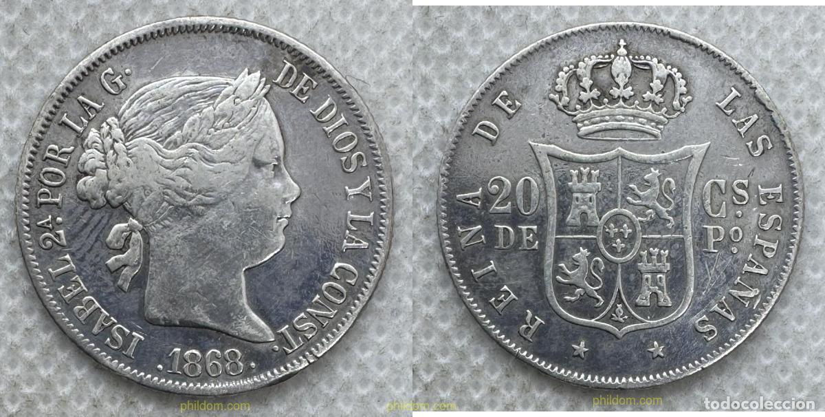 Monedas de Espa&ntilde;a: 5428 ESPA&Ntilde;A 1868 20 CENTAVOS DE PESO DE MANILA ISABEL II 1868