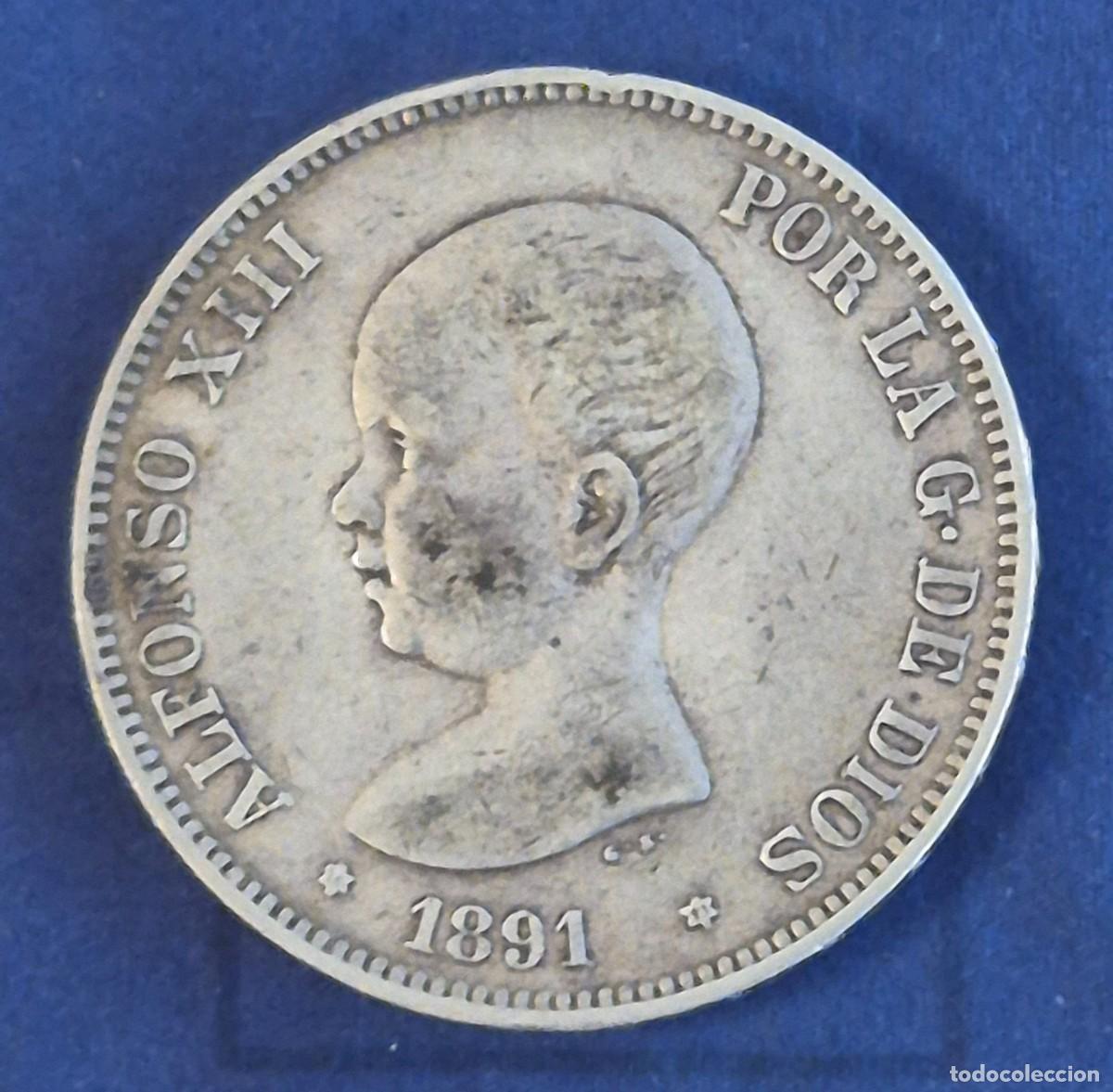 Monedas de Espa&ntilde;a: Moneda de plata de 5 pesetas del a&ntilde;o 1891 estrella 91 de Alfonso XIII