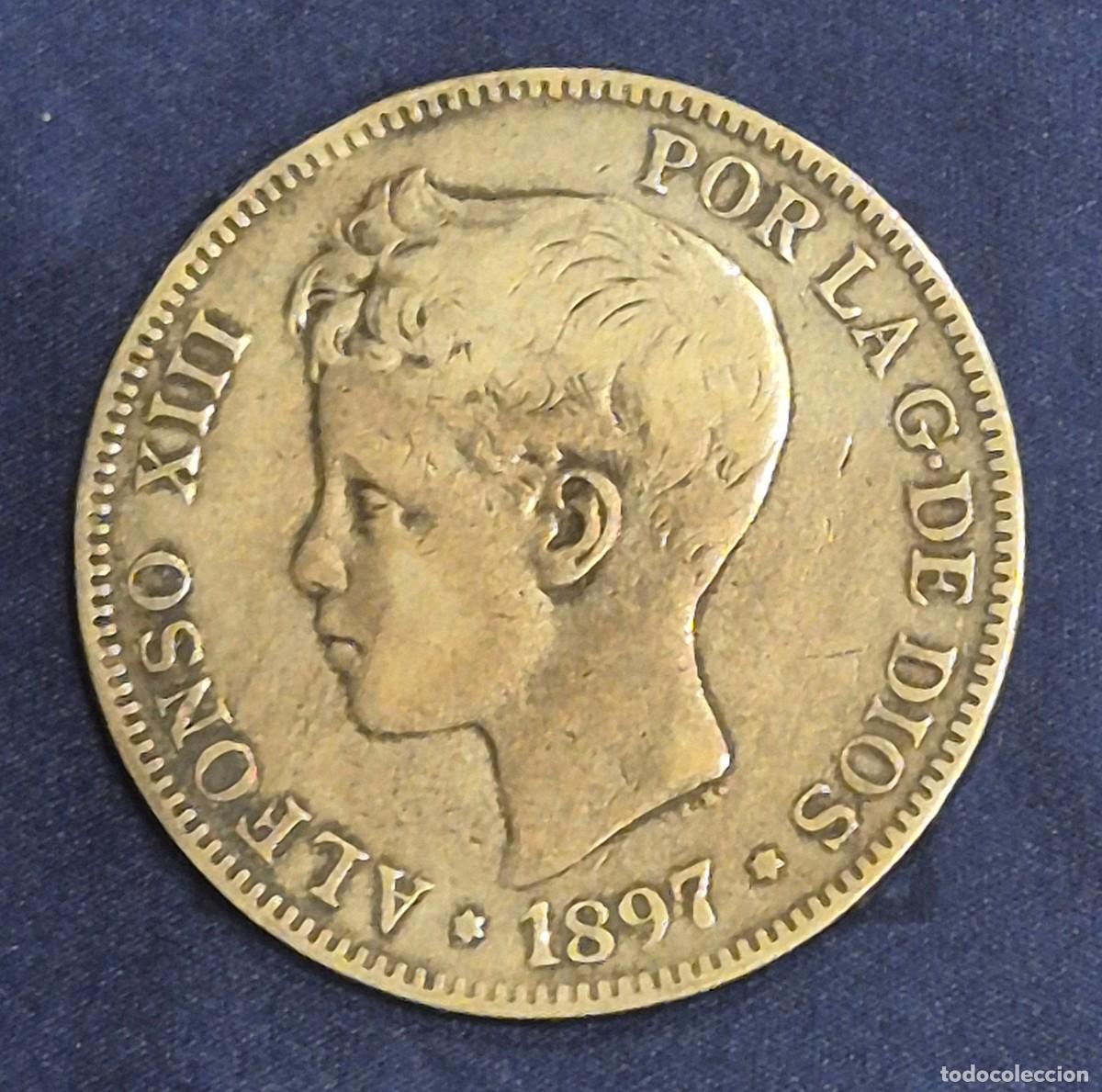 Monedas de Espa&ntilde;a: Moneda de plata de 5 pesetas del a&ntilde;o 1897 estrella 97 de Alfonso XIII