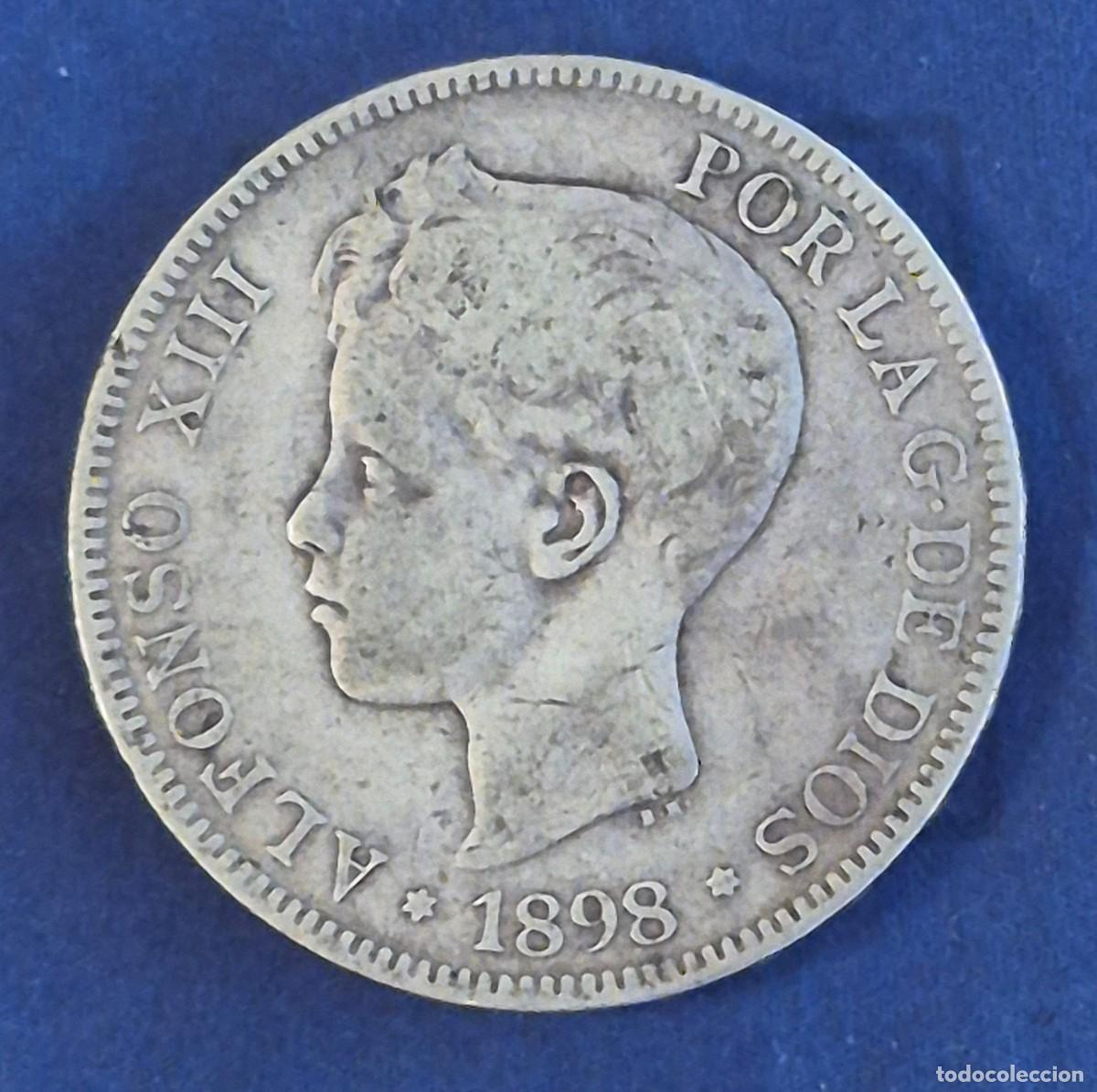 Monedas de Espa&ntilde;a: Moneda de plata de 5 pesetas del a&ntilde;o 1898 estrella 98 de Alfonso XIII