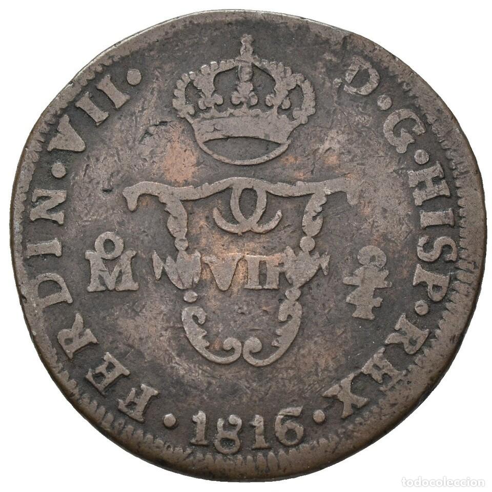 Monedas de Espa&ntilde;a: SC. Spain-Fernando VII. 2/4 de Tlaco (Real). M&eacute;xico. Cobre 6,59 g. Escasa