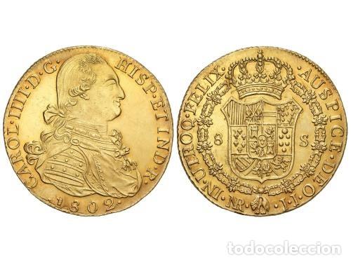 Moedas de Espanha: ESPA&Ntilde;A. 8 ESCUDOS ORO 1802 JJ SANTA FE DE NUEVO REINO. SIN CIRCULAR. SC. BRILLO DE ORIGEN.