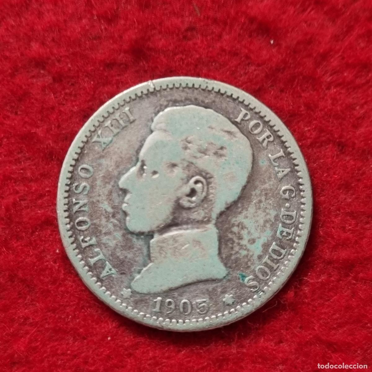 Monedas de Espa&ntilde;a: MONEDA 1 PESETA PLATA 1905 ESCASA ESTRELLAS NO VISIBLES MBC ORIGINAL C39