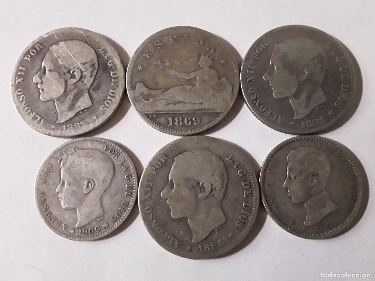 M&uuml;nzen von Spanien: ESPA&Ntilde;A - LOTE 6 MONEDAS DE PLATA DE 1 Y 2 PESETAS DIFERENTES.