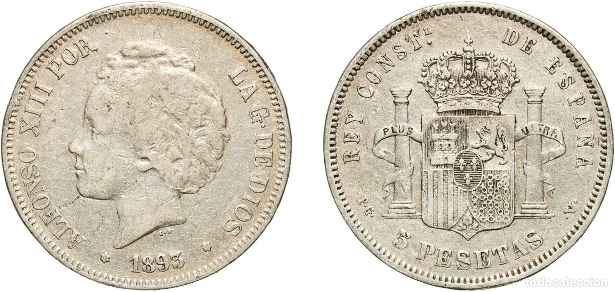 Monedas de Espa&ntilde;a: Spain Kingdom 1893 18-9? PGV 5 Pesetas - Alfonso XIII (2nd portrait) Silver (.900) Madrid Mint (51