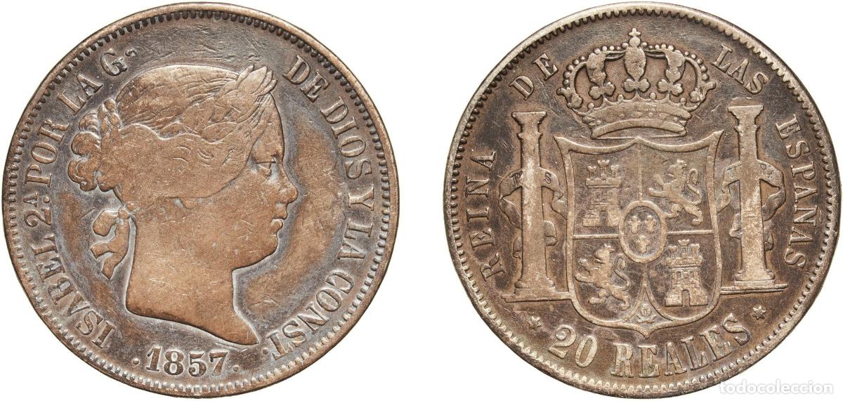 Monedas de Espa&ntilde;a: Spain Kingdom 1857 20 Reales - Isabel II Silver (.900) Madrid Mint 25.73g VF KM 609.2 Cal 179 Aureo