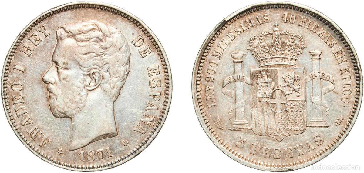 Monedas de Espa&ntilde;a: Spain Kingdom 1871 18-71 SDM 5 Pesetas - Amadeo I Silver (.900) Madrid Mint (13641162) 24.87g XF C