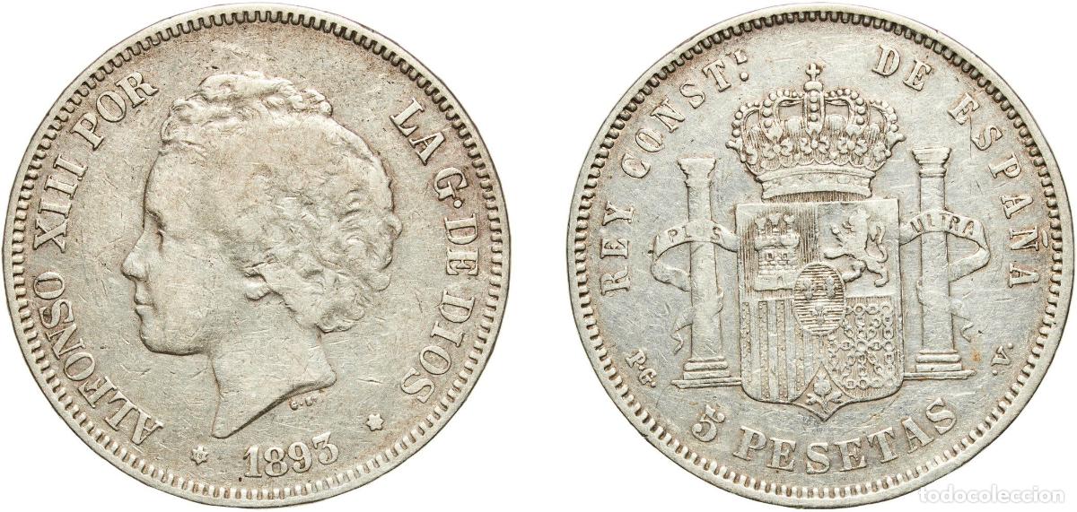 Monedas de Espa&ntilde;a: Spain Kingdom 1893 18-? PGV 5 Pesetas - Alfonso XIII (2nd portrait) Silver (.900) Madrid Mint (518