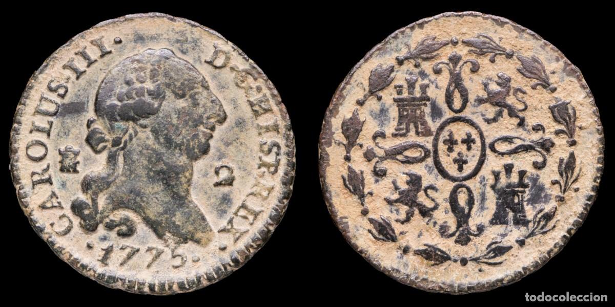 Monedas de Espa&ntilde;a: 1775, 2 Maravedis Charles III, Segovia Mint - 10 mm / 2,37 gr.